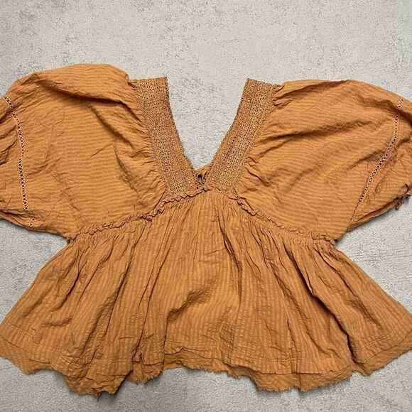 Judith March Top Size Small Rustic Orange Balloon Sleeve V Neck Puff Boho Tie - Picture 7 of 7